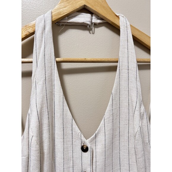 Monteau Los Angeles White Striped Linen Casual Jumpsuit Sz M Pockets Halter Neck - Picture 5 of 10
